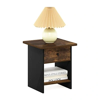 Abbildung von Furinno Dario Beistelltisch/Nachttisch mit Aufbewahrungsregal und Schublade, Amber Pine/Schwarz
