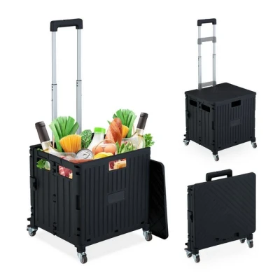 Abbildung von Relaxdays Einkaufstrolley klappbar, Einkaufskorb mit Lenkrollen, bis 35 kg, Deckel &amp; Teleskopgriff, Rollkiste, schwarz