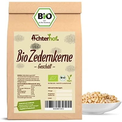Abbildung von Zedernkerne geschält Bio 250g geschälte, ganze Zedernnüsse in Qualität intensiver, nussiger Geschmack ideal als Snack oder zur Zugabe Smoothies, Pestos, Salaten vom Achterhof