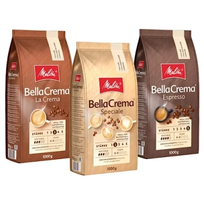 Abbildung von Melitta BellaCrema Probierpaket La Crema Speciale Espresso Ganze Kaffee Bohnen 3 x 1kg, ungemahlen, Kaffeebohnen für Vollautomat, geröstet in Deutschland