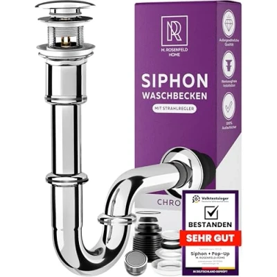 Abbildung von Röhrensiphon Waschbecken aus Messing + Chrom Ablaufgarnitur POP UP Ventil mit Überlauf Strahlregler M24 Wassersparer Sieb Alles Dabei