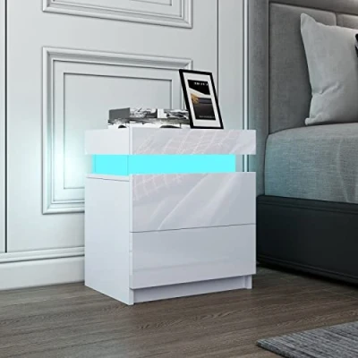 Abbildung von Komtopod Weiß Nachttisch Moderner LED Licht Nachtschrank Hochglanzfront Nachttische Beistelltisch mit 2 Schubladen Flip Cover für Schlafzimmer