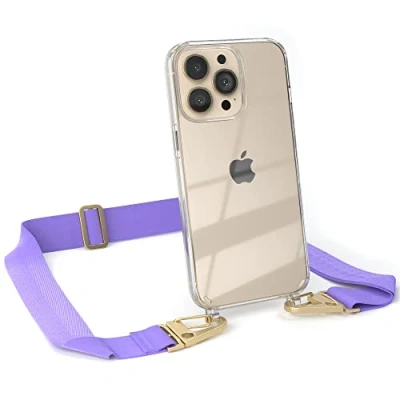 Abbildung von EAZY CASE Hülle mit Band kompatibel iPhone 13 Pro Handyhülle Umhängeband für Silikonhülle Transparent Schutzhülle Handykette zum Umhängen Handykordel Smartphone in Lila Gold
