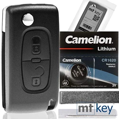 Abbildung von mt key Klapp Schlüssel Reparatur Gehäuse 2 Tasten + HU83 Rohling 1x CR1620 Knopfzelle, (3 V), für Peugeot Citroen 208 207 307 308 FIAT Funk Fernbedienung