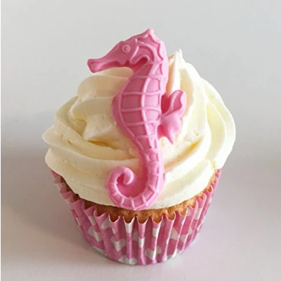 Abbildung von 6 Handgemachte Kuchendekorationen aus Zucker: Baby Pink Seepferdchen / Seahorses