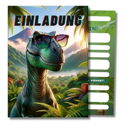 Abbildung von HIDEBLOOM I Dino Einladungskarten Kindergeburtstag Jungen 12 Stück DIN A6 (10,5 cm x 14,8 cm) Einladung Geburtstag Kinderparty Dinosaurier mit Sonnenbrille Teens