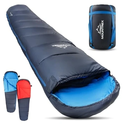Abbildung von MOUNTREX® Schlafsack Warm &amp; Leicht (1500g) 3 4 Jahreszeiten Outdoor Mumienschlafsack ( 10C / 0C 10C) Camping, Reise, Erwachsene Kompaktes Packmaß (36x20cm) Koppelbar
