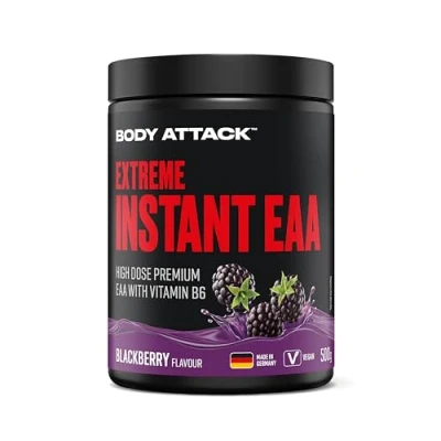 Abbildung von Body Attack Extreme Instant EAA Pulver Blackberry, 500 g Vegan, Made in Germany 8 essentielle Aminosäuren für eine proteinreich Ernährung &amp; intensives Training Ideale 2:1:1 Ratio