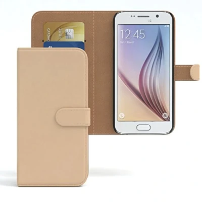 Abbildung von EAZY CASE Tasche kompatibel mit Samsung Galaxy S6 Schutzhülle Standfunktion Klapphülle Bookstyle, Handytasche Handyhülle Magnetverschluss und Kartenfach, Kunstleder, Hellbraun