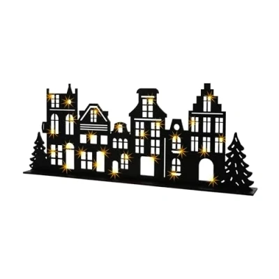 Abbildung von Spetebo LED Holz Häuserzeile schwarz 57 x 22 cm Deko Weihnachtsdorf Skyline Aufsteller Weihnachts Holzhaus Tischdeko Weihnachtsstadt