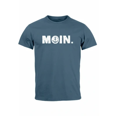 Abbildung von Neverless Schriftzug MOIN Dialekt Norden Hamburg Anker Fashion Streetstyle Tshirt print, Herren, Größe: Medium, Denim blue