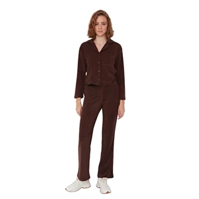 Abbildung von Trendyol Damen Herren Loungewear Hoher Bund Figurbetont Hose Pants High Waist Woven Fitted Stone Pants, Brown, S