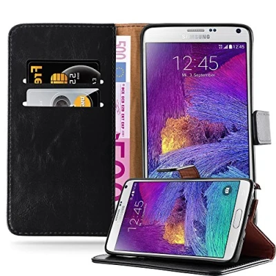 Abbildung von Cadorabo Hülle kompatibel mit Samsung Galaxy Note 4 aus Premium Kunst Leder Flip Klappbare Stoßfeste Magnetische [Standfunktion] [Kartenfächern] Cover für Tasche in Schwarz