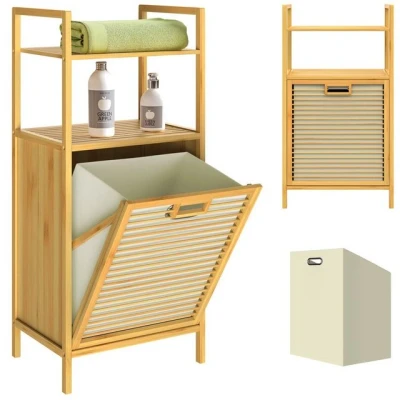 Abbildung von Casaria Wäschekorb (1 St), Badregal 35l Bambusregal Badezimmerregal natur 2 Ablagen