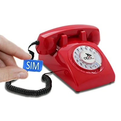 Abbildung von Opis 60s Mobile 4G Retro Tischhandy für 4G/5G Netze mit Voice Over LTE in Form eines sechziger Jahre Telefons Wählscheibe und Metallklingel (rot)