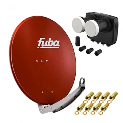 Abbildung von HD Digital Sat Anlage 2 Satelliten Astra/Hotbird 4 Teilnehmer Fuba DAA780R Schüssel 78cm Ziegelrot + DUR line MB6 QS Monoblock Quad LNB 6 (DVB S2, HDTV, 4K/8K, 3D) 8xF Stecker vergoldet
