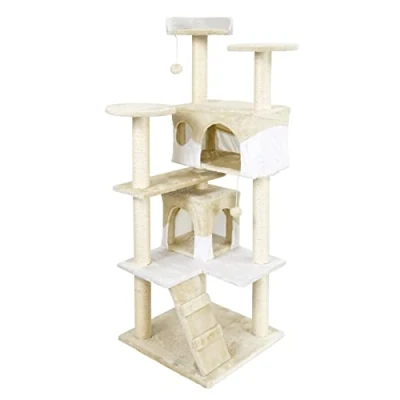 Abbildung von Wiltec Kratzbaum in Beige/Weiß 130 cm hoch, Katzenkratzbaum mit Aussichtsplattformen, Kletterbaum Katzenhäusern, Katzenbaum Spielbällen
