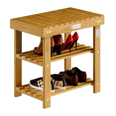 Abbildung von Casaria Schuhbank (1 St), mit Sitzfläche 50x46x33cm 160kg Belastbarkeit 3 Ebenen Akazie Holz