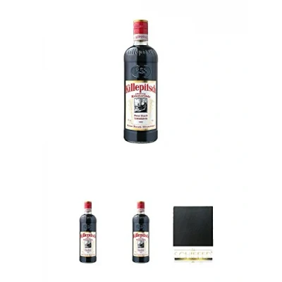 Abbildung von Killepitsch Kräuterlikör 0,7 Liter + Schiefer Glasuntersetzer eckig ca. 9,5 cm Durchmesser