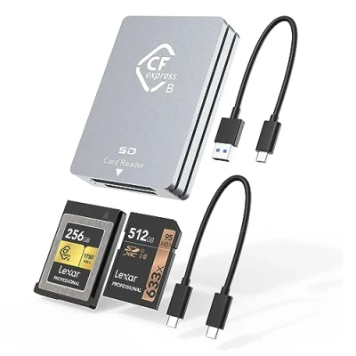 Abbildung von CFexpress SD kartenleser USB C, 10Gbps Typ B mit 3.2 Gen 2 Übertragungsgeschwindigkeit, Dual Slot und C zu C/USB A Kabel