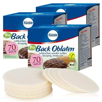 Abbildung von Küchle runde Back Oblaten Bio Vegan 70mm 36g pro Packung 3er Pack Esspapier zum Backen von Makronen &amp; Lebkuchen