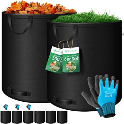 Abbildung von KESSER® Gartensack 6x 500L Set Laubsack Gartenabfallsack inkl. Handschuhe Selbststehend 4 Griffe Stabil Robust &amp; Faltbar Laubsäcke Rasenschnitt Gartensäcke für Gartenabfälle Grünschnitt Schwarz