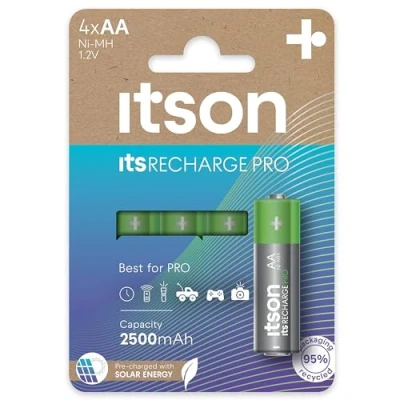 Abbildung von ITSON, Akkus AA, PRO, 4 Stück, leistungsstarke wiederaufladbare Akkus, Kapazität mit min. 2500 mAh, Verpackung 95% recycelt, Made in Japan, am besten für Spielcontroller, Kinderspielzeuge