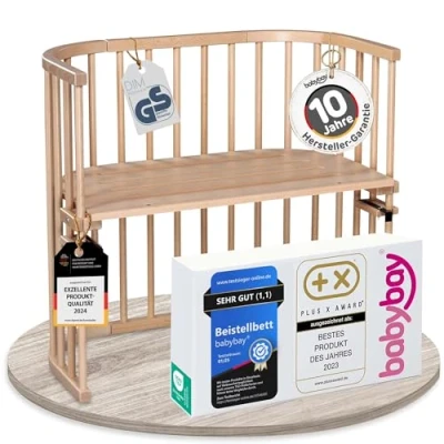 Abbildung von babybay Original Beistellbett aus massivem Buchenholz / kompakt &amp; verwandelbar Kinderbett Höhe stufenlos verstellbar umweltfreundlich mitwachsendes Babybett (natur lackiert)