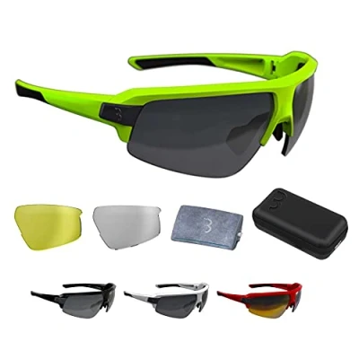 Abbildung von BBB Cycling Fahrradbrille Impulse Herren und Damen Sportbrille Sonnenbrille Radsport mit drei Wechselgläsern Polycarbonat Grilamid MTB Rennrad Urban Matt Neongelb BSG 62