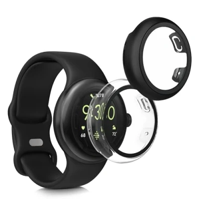 Abbildung von kwmobile 2X Cover kompatibel mit Google Pixel Watch 3 41mm / 2 1 Hülle Fullbody Fitnesstracker Case Set aus Glas Transparent Schwarz