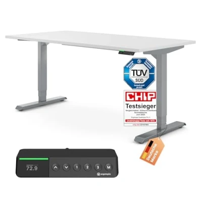 Abbildung von Ergotopia Desktopia Pro x Elektrisch höhenverstellbarer Schreibtisch, Ergonomischer Stehtisch für Büro oder Home Office (Weiß, Gestell Grau, 120 80 cm)
