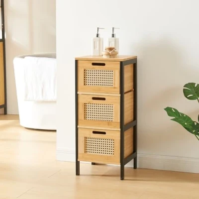 Abbildung von [en.casa] Badezimmerschrank Tervola Badschrank schmal Kommode mit 3 Schubladen Badkommode Schwarz/Bambus Midischrank 72 x 30 cm