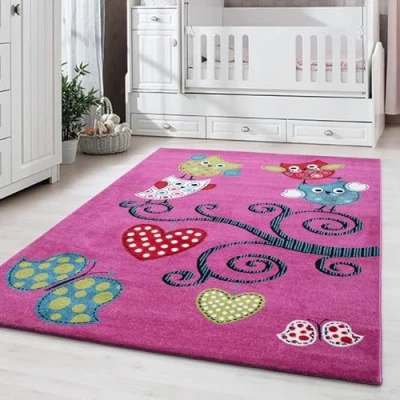 Abbildung von Carpetsale24 Kinderteppich süßes Eulenmuster Violett 120 x 170 cm Rechteckig Kurzflor Teppich Kinderzimmer Eulen Design Spielteppich Babyteppich für Junge und Mädchen Extra Weich Antiallergen