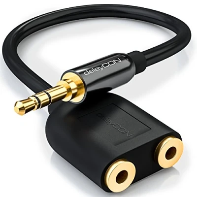 Abbildung von deleyCON Stereo Audio Klinken Adapter 2X 3,5mm Buchse zu 1x Stecker Metall Vergoldet Schwarz
