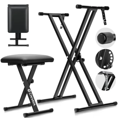 Abbildung von CAHAYA Komplettlösung Keyboardständer und Keyboard Bench 6 Stufen Höhenverstellbar Doppel X Frame ständer für 61, 76 88 Tasten Tragfähigkeit 168 kg Keyboardbank, Schwarz