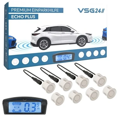Abbildung von VSG24 Premium Kombi Einparkhilfe mit Display zum nachrüsten am Auto, PDC Parksensoren Vorne Hinten Stecksystem für einfachste Montage 8 Rückfahrwarner Sensoren Parkhilfe Nachrüstsatz Weiß