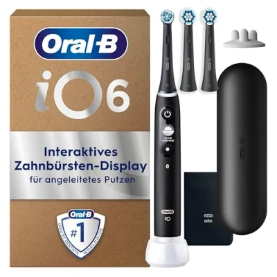 Abbildung von Oral B iO Series 6 PLUS Sensitive Edition Elektrische Zahnbürste/Electric Toothbrush, 3 Aufsteckbürsten, 5 Putzmodi für Zahnpflege, Reiseetui, Designed by Braun, black lava