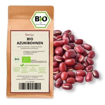 Abbildung von Kamelur 500g BIO Azukibohnen getrocknet getrocknete Adzukibohnen ohne Zusätze Bohnen in biologisch abbaubarer Verpackung
