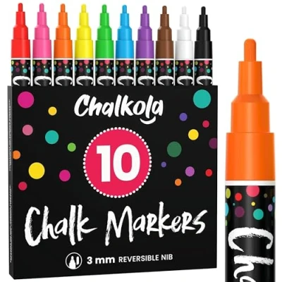 Abbildung von Chalkola Kreidestifte für Tafel Abwaschbar, 10 Kreidestift Neon 3mm Umkehrbare Spitze kreidemarker Fenster, tafelstifte, Glasstifte Chalk markers Erwachsene &amp; Kinder
