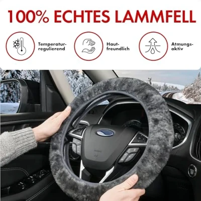 Abbildung von WALSER Lammfell Lenkradbezug Auto, 100% Lenkradschutz Auto Lenkradbezug, Fell, Lenkrad Bezug, Winter Zubehoer, Winter, Wärmer grau