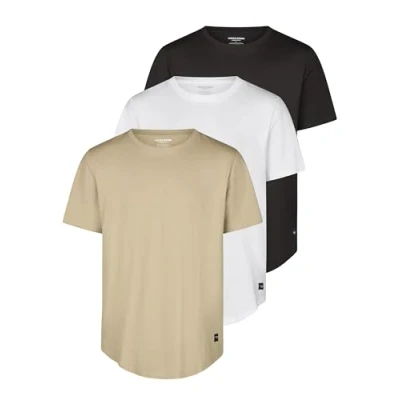 Abbildung von JACK &amp; JONES Tshirt Herren lang geschnitten Set 100% Bio Baumwolle Regular Fit JJENOA 3er Pack Rundhals Kurzarm Sommer Organic Basic Tee Shirt, Größe:L, Farbe:Pack 1 (Black/White/Crockery)
