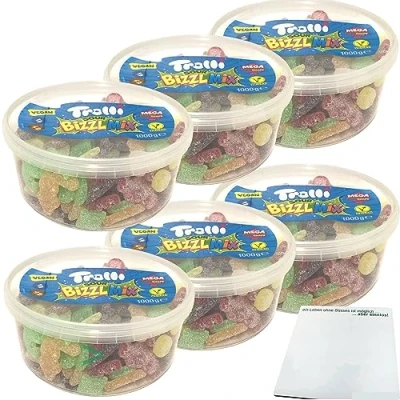 Abbildung von Trolli Sour Bizzl Mix Vegan 6er Pack (6x1000g Dose) + usy Block