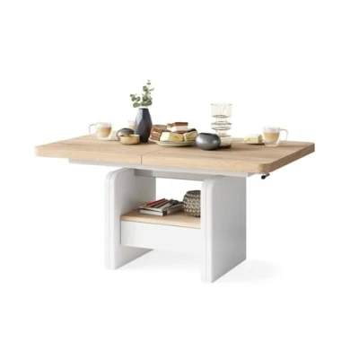 Abbildung von All4All Couchtisch Leo 120x75 cm Wohnzimmertisch Höhenverstellbar Esstisch mit Ablage und Schublade Ausziehbar bis 180 Esszimmertisch Modern Sonoma Eiche + Weiß 05