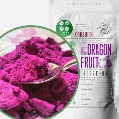 Abbildung von Zerkleinerte Drachenfrucht Trockenfrüchte Gefriergetrocknet XL 300g Getrocknet Pink Pitaya Pulver mit Stücken aus geschnittenen Scheiben Freeze Dried Dragon Fruit Crushed ZingyZoo