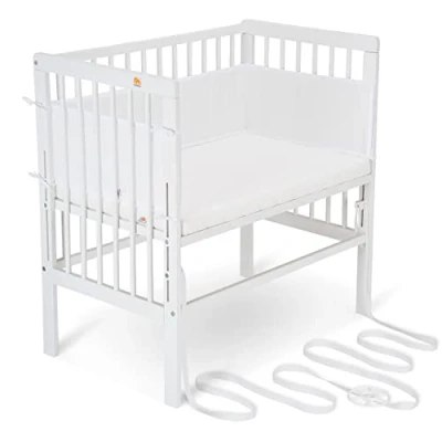 Abbildung von FabiMax Baby Beistellbett für Boxspringbetten, stufenlos höhenverstellbar, Buchenholz massiv weiß lackiert (mit Matratze Air, Weiß)