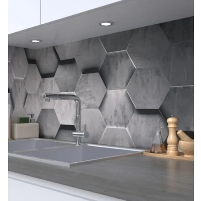 Abbildung von MyMaxxi Selbstklebende Küchenrückwand Folie ohne Bohren Motiv Abstrakte Sechsecke 3D grau 60cm hoch Klebefolie Wandbild Küche Wand Deko Schlicht Elegant Kunstwerk 400 x