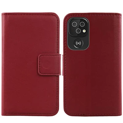 Abbildung von Lankashi Flip Echt Leder Tasche Für Doro 8100/8100 Plus / 8110/8110 TPU Silikon Hülle Lederhülle Handyhülle Handy Book Brieftasche Schutz Abdeckung Premium Cover Case Etui (Dark Rot)