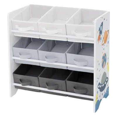Abbildung von Joyz Kinderregal, Weltraum, 62,5x29,5x60 cm, Weiß, Spielzeugregal mit 9 Aufbewahrungsboxen aus Vliesstoff, Kinder Bücherregal 3 Etagen, Kinderzimmerregal Aufbewahrungsregal Spielzeug Organisator