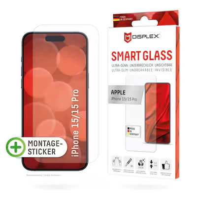 Abbildung von DISPLEX Smart Glass (9H) für Apple iPhone 15/15 Pro Montagesticker, unzerbrechlich, ultra dünn, unsichtbar
