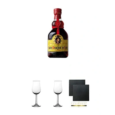 Abbildung von Gran Duque de Alba Solera Reserva 0,7 Liter + 2 Bugatti Nosing Gläser mit Eichstrich 2cl und 4cl Schiefer Glasuntersetzer eckig ca. 9,5 cm Ø